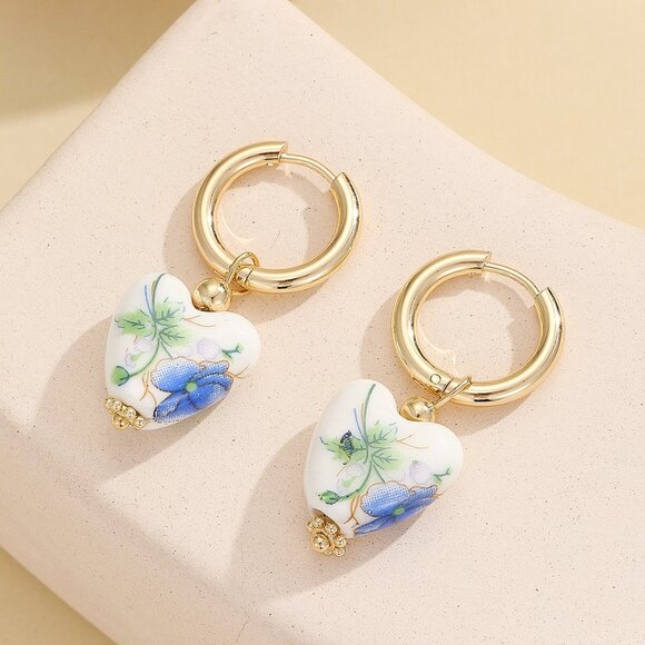 NEW! Artistic Floral Heart Dangle Hoop Earrings - Picture 2 of 4